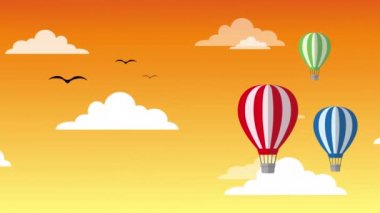 Bulutlu ve Kuşlu Sıcak Hava Balonları Sıcak hava balonları ve bulutlu Temiz Çevre Taşımacılığı Renkli Uçan Balonlar Bulutlu Gökyüzü Manzarası