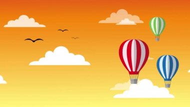 air balloons in sky with clouds and birds behind