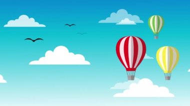 air balloons in sky with clouds and birds behind