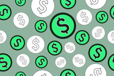 Vektör Dolarlık Paralar Kusursuz Desen. ABD Doları dokusu. Duvar kağıdı, ambalaj kağıdı, pankart ya da kart şablonu ya da başka bir şey olarak kullanılabilir. Ekonomi Konsepti Tekrarlanabilir Desen Tasarımı Yeşil Dolar