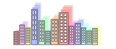 Vector City Peyzajı. Pencereli Şehir Renkli Binalar Simgeleri. Pastel renkler ikonik kasaba manzarası. Şehir manzarası simgeleri.