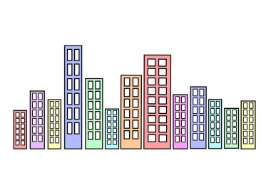 Vector City Peyzajı. Pencereli Şehir Renkli Binalar Simgeleri. Pastel renkler ikonik kasaba manzarası. Şehir manzarası simgeleri.