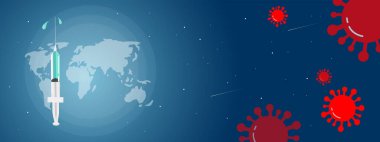 Coronavirus ve covid-19 konsept pankart arka plan şablon tasarımı. Kırmızı renkli Virüs simgeleri, aşı şırıngası resimli küresel dünya haritası silueti. Alan arkaplanı.