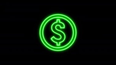 Canlandırılmış Dolar Simgesi. Yeşil Neon Işık Doları İşareti. ABD Para Birimi Dijital Animasyon Kara Arkaplan 'da izole edildi. Yeşil Neon Dollar Cents işareti ve USD madeni para. ABD Ödeme Sistemi. Dolar işareti soyut.