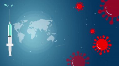 Coronavirus ve covid-19 konsept animasyon arka plan tasarım şablonu. Hareket eden kırmızı virüs simgeleri, aşı şırıngası resimli küresel dünya haritası. Alan arkaplanı.