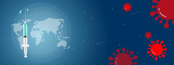 Coronavirus ve covid-19 konsept pankart arka plan şablon tasarımı. Kırmızı renkli Virüs simgeleri, aşı şırıngası resimli küresel dünya haritası silueti. Alan arkaplanı.