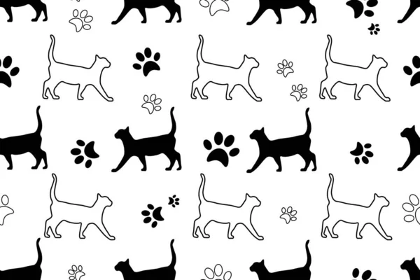 シルエット白い背景に足跡記号を持つ黒と白の猫 動物のテクスチャ壁紙 包装紙 織物プリントやバナーやカードテンプレート — ストックベクタ
