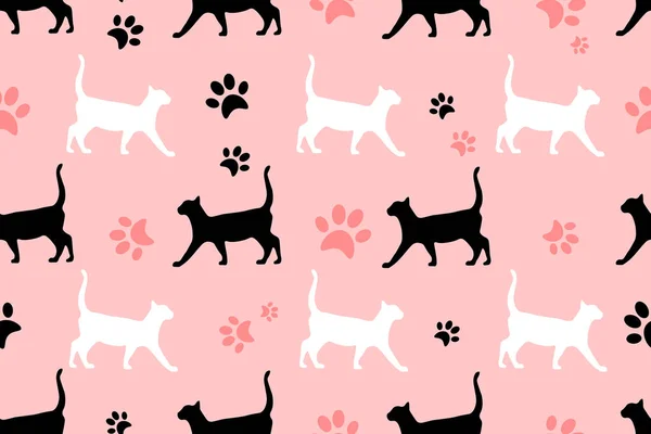 Silhouette Black White Cats Footprints Signs Pink Background Animals Texture — Stock Vector