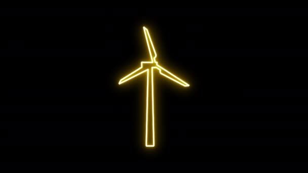 发光的霓虹灯线风力涡轮机图标隔离在黑色背景 生态友好型电力生产商 — 图库视频影像