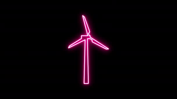 Glowing Neon Line Wind Turbine Icon Isolated Black Background Eco — Stock Video