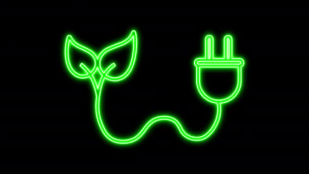 環境に優しいコンセプトネオンライトアイコンアニメーション 緑の色の光に照らされた緑の葉を持つ電気線ケーブル エコグリーン代替エネルギー電子充電器アイコン絶縁設計要素 — ストック動画