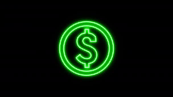 动画美元图标 绿色纽扣轻美元标志 美国货币数字动画孤立在黑色背景下 绿色霓虹灯签注和美元硬币 美国支付系统 美元符号摘要 — 图库视频影像