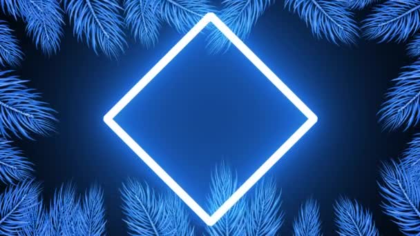 回転木の枝を持つ現代的なスタイルのアニメーションネオンライトフレーム トレンディな美的ブルーライト 照らさヤシの木 熱帯林のネオン輝く長方形のフレーム テキストテンプレート — ストック動画