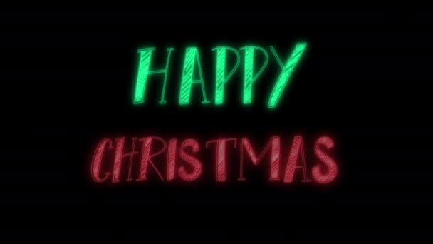 赤と緑のネオンハッピークリスマス光るテキスト Ledライトレトロスタイル手描きクリスマスグリーティングテキスト 黒い背景に隔離されています デジタルデザイン要素 — ストック動画