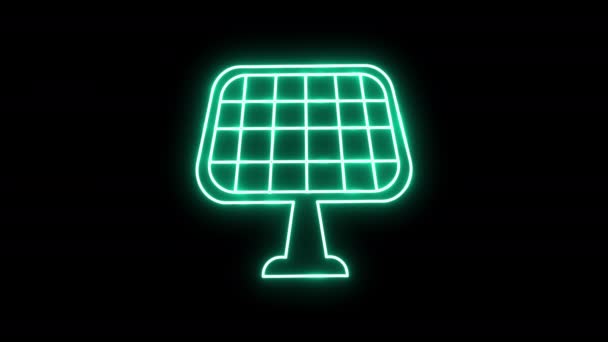 Zářící Neonová Čára Solární Panel Ikona Izolované Černém Pozadí — Stock video