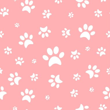 Pembe arka planda beyaz siluet kedi ayak izleri. Vektör kusursuz desen. Tekrarlanabilir duvar kağıdı.   