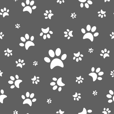 Siyah arka planda beyaz renkli siluet kedi ayak izleri. Vektör kusursuz desen. Tekrarlanabilir duvar kağıdı. 