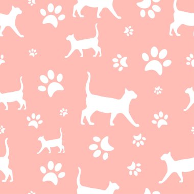Siluet kedi desenli pembe arka planda ayak izleri var. Hayvanlar konsept vektörü tekrarlanabilir kusursuz desen. Hayvanlar patileri ve siluet yürüyen kediler.