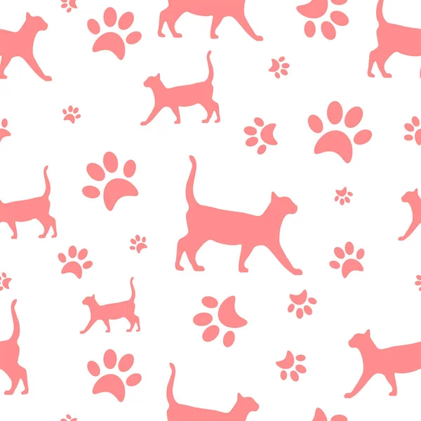 シルエットピンクの猫のパターン白い背景に足跡の兆候があります 動物のコンセプトベクトル再現可能なシームレスパターン 動物の足やシルエットの歩行猫 — ストックベクタ