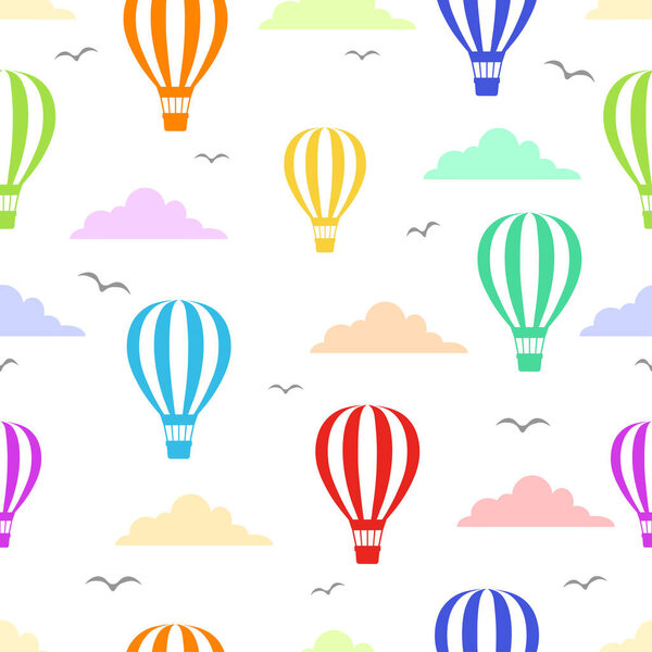 Colorful hot air balloons in colorful cloudy sky seamless pattern. Flying birds silhouette. Repeatable wallpaper.