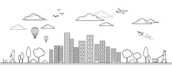 Ilustración Paisaje Urbano Estilo Esquema Vectorial Edificios Ciudad Blanco Negro — Archivo Imágenes Vectoriales