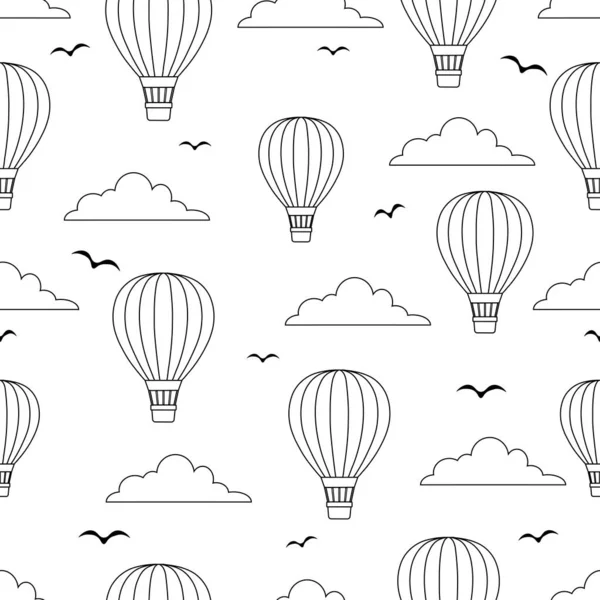 Siyah Beyaz Çizgili Sıcak Hava Balonları Bulutlu Gökyüzünde Uçan Kuşlarla — Stok Vektör