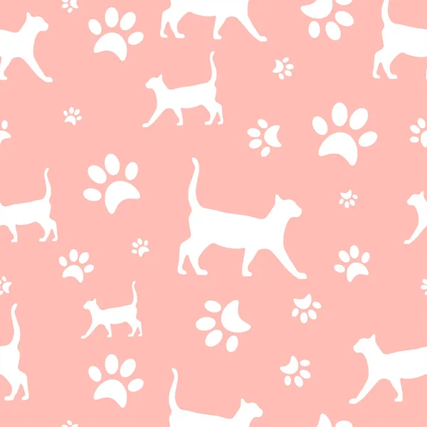 Siluet kedi desenli pembe arka planda ayak izleri var. Hayvanlar konsept vektörü tekrarlanabilir kusursuz desen. Hayvanlar patileri ve siluet yürüyen kediler.