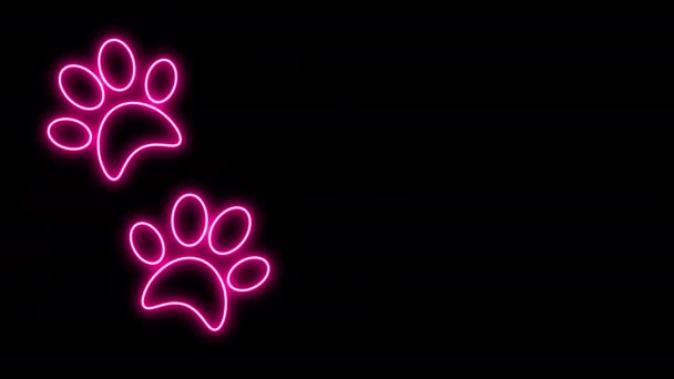 ネオンライトの輝き黒の背景に孤立したプリントアイコンを塗ります 犬や猫の足のプリント Ledライトアニメーション — ストック動画