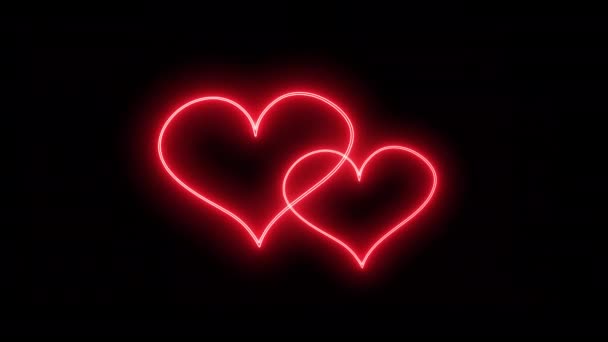 动画两个心脏图标与红色霓虹灯效果隔离在黑色背景 情人节母亲节或恋人关系概念设计元素的黑色背景 — 图库视频影像