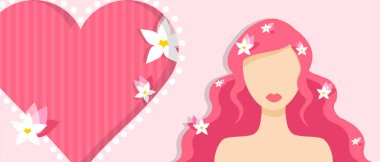 Büyük bir kalbi ve çiçekleri olan güzel bir kız tebrik kartı için şenlikli bir geçmişi var. 