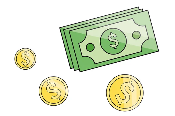 お金のアイコン ウェブのためのドル紙幣と硬貨のベクトルのアイコンのフラットイラスト — ストックベクタ