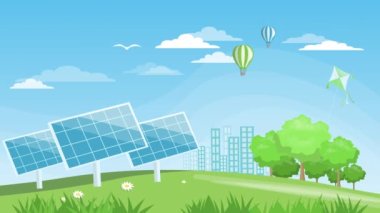 Güneş enerjisi ve enerji santrali. animasyon illüstrasyonu