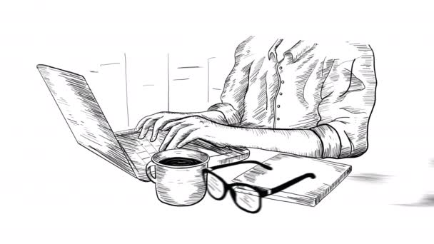 Mão Desenho Animação Uma Mulher Usando Laptop — Vídeo de Stock