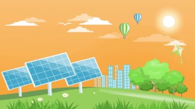 Güneş enerjisi ve enerji santrali. animasyon illüstrasyonu