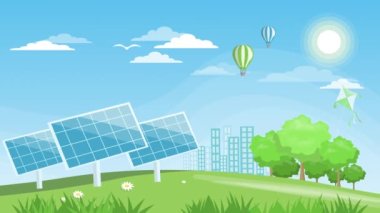 Güneş enerjisi ve enerji santrali. animasyon illüstrasyonu