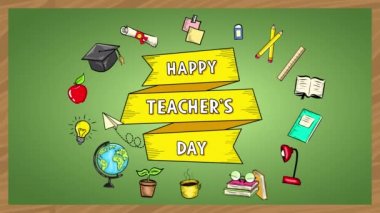 Okul malzemeleri ve karatahtalı karatahta, Mutlu Öğretmenler Günü ile animasyon çizimleri 
