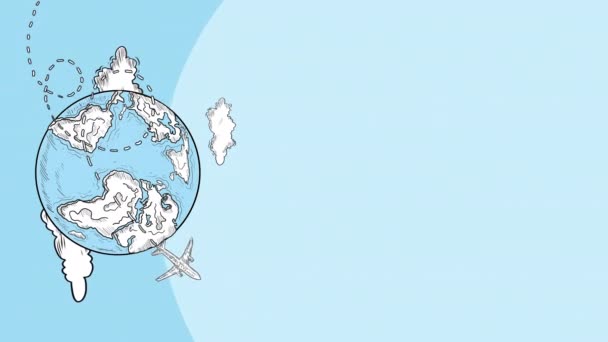 Концепция Путешествия Нарисованным Вручную Самолетом Летает Вокруг Земли Облаков Анимационная — стоковое видео