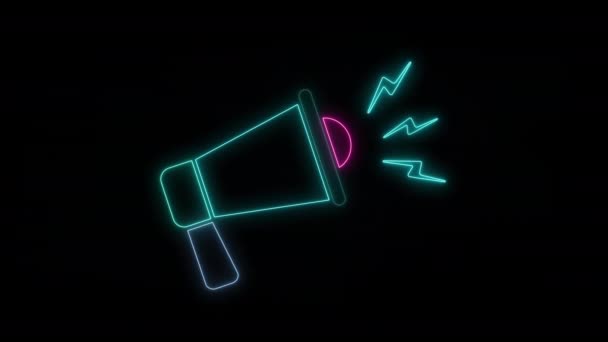 Animáció Izzó Neon Fény Megafon Ikon Elszigetelt Fekete Alapon Minimalizmus — Stock videók