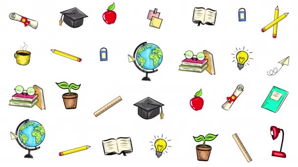 Vzdělávání Zpět Školy Koncept Školními Potřebami Ikonami Animace Ilustrace — Stock video