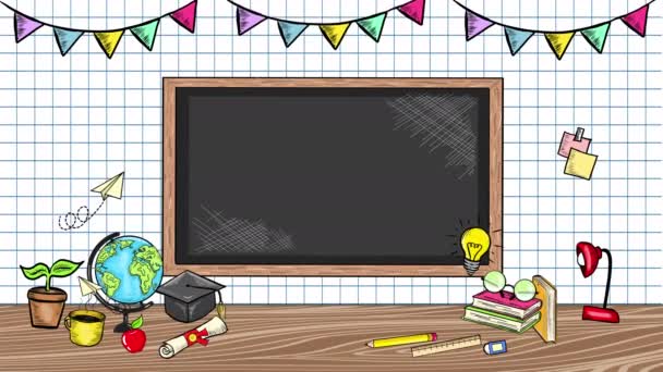 Skolmaterial Och Skrivtavla Med Svarta Tavlan Animation Illustration — Stockvideo