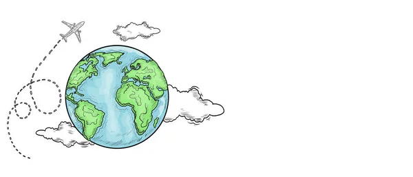 Концепция Путешествия Нарисованным Вручную Самолетом Летает Вокруг Земли Облаков Векторная — стоковый вектор
