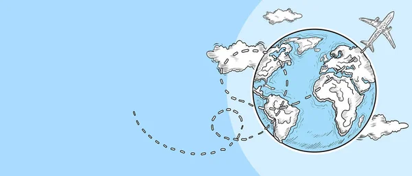 Conceito Viagem Com Avião Desenhado Mão Voa Redor Terra Nuvens —  Vetores de Stock