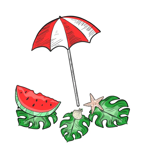 Watermeloen Plak Paraplu Geïsoleerd Witte Achtergrond — Stockvector
