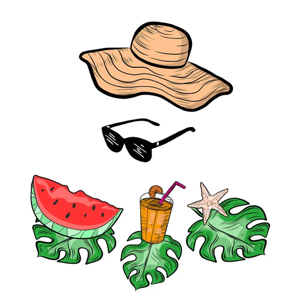 Vektor Illustration Von Sommerurlaub Gläser Hut Cocktail Wassermelone — Stockvektor