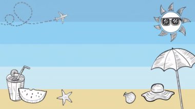 Uçan uçakla mavi gökyüzü, topikal kumlu plaj, grafik hareketli animasyon 