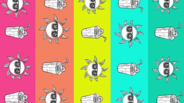 Вертикальная Полосатая Визуализация Коктейлей Соломинками Солнцем Очками Анимация Цифрового Рисунка — стоковое видео