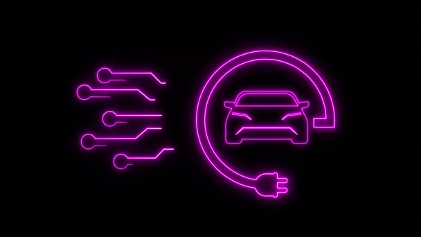 Black Background Glowing Neon Sign Electric Car Charging — Video Stock