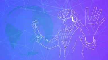 digital video art of man wearing vr headset glasses, spinning globe