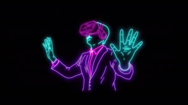Glowing Digital Neon Art Man Wearing Headset Glasses — Vídeo de Stock