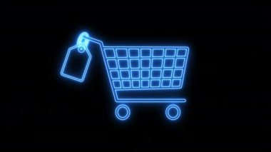 Shopping Cart Icon, blue neon glowing sign on black background 